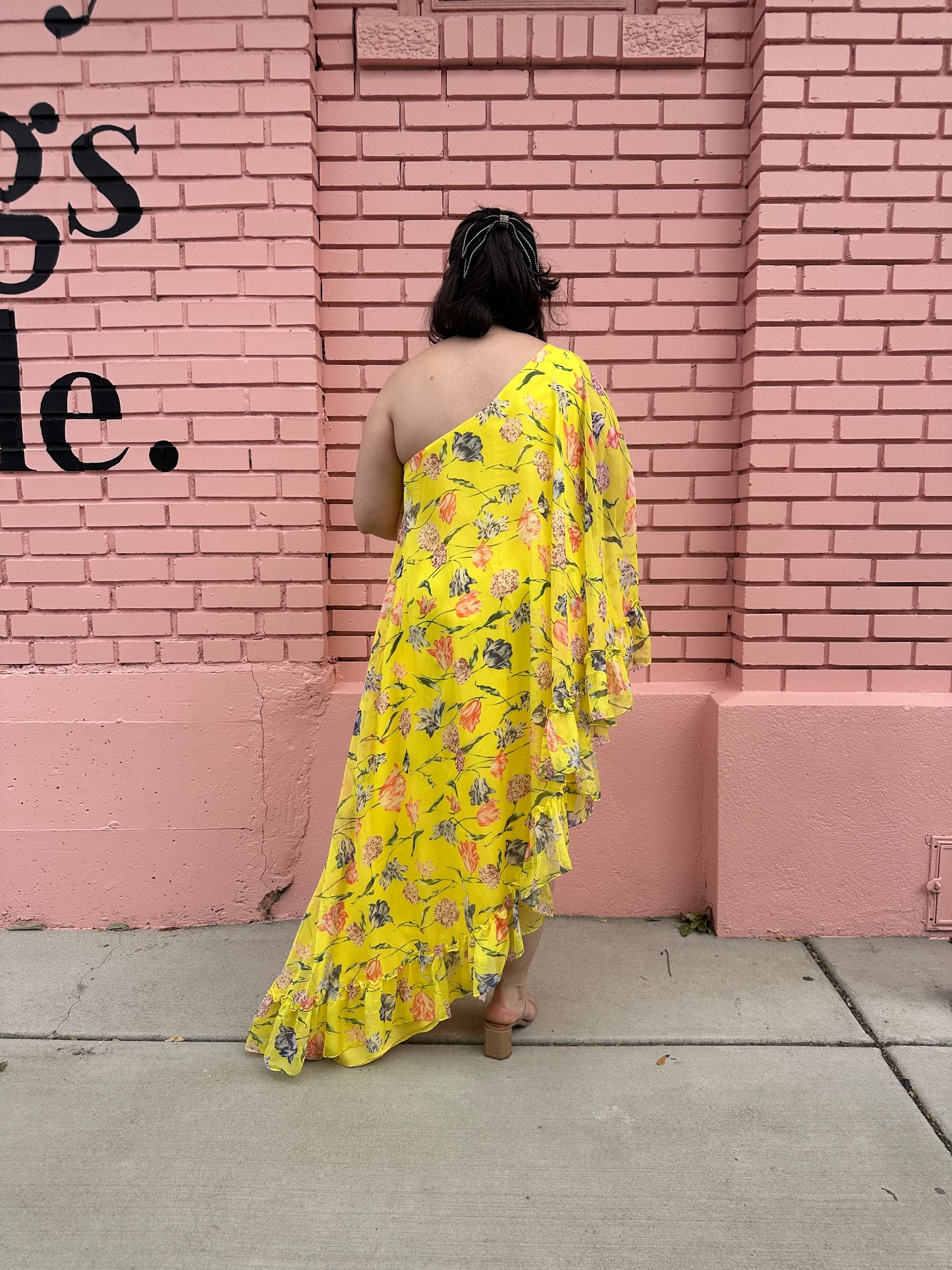 Mac Duggal Yellow Floral Asymmetrical Dress