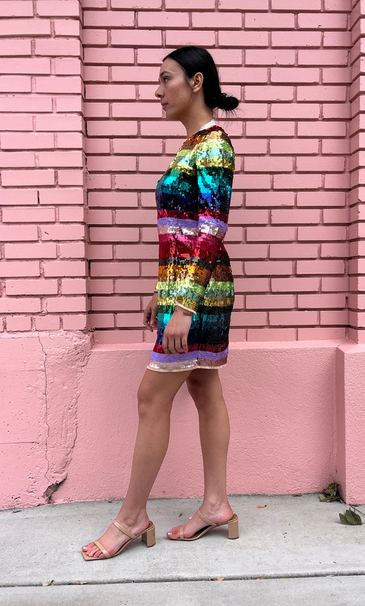 Mac Duggal Rainbow Striped Sequin Mini Dress