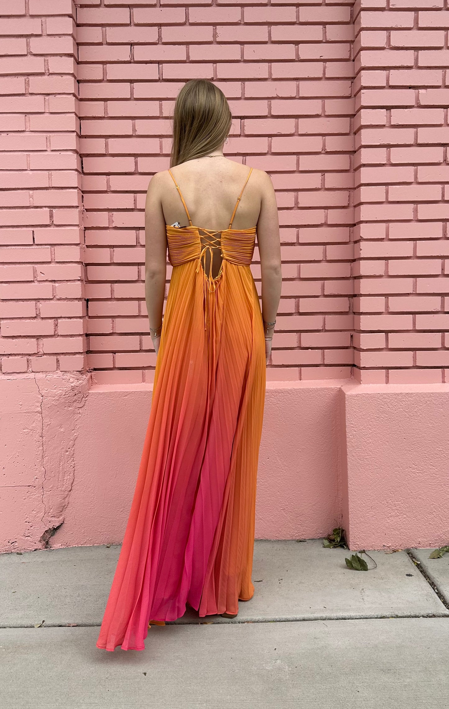Delfi Collective Orange Ombre Pleated Maxi Dress