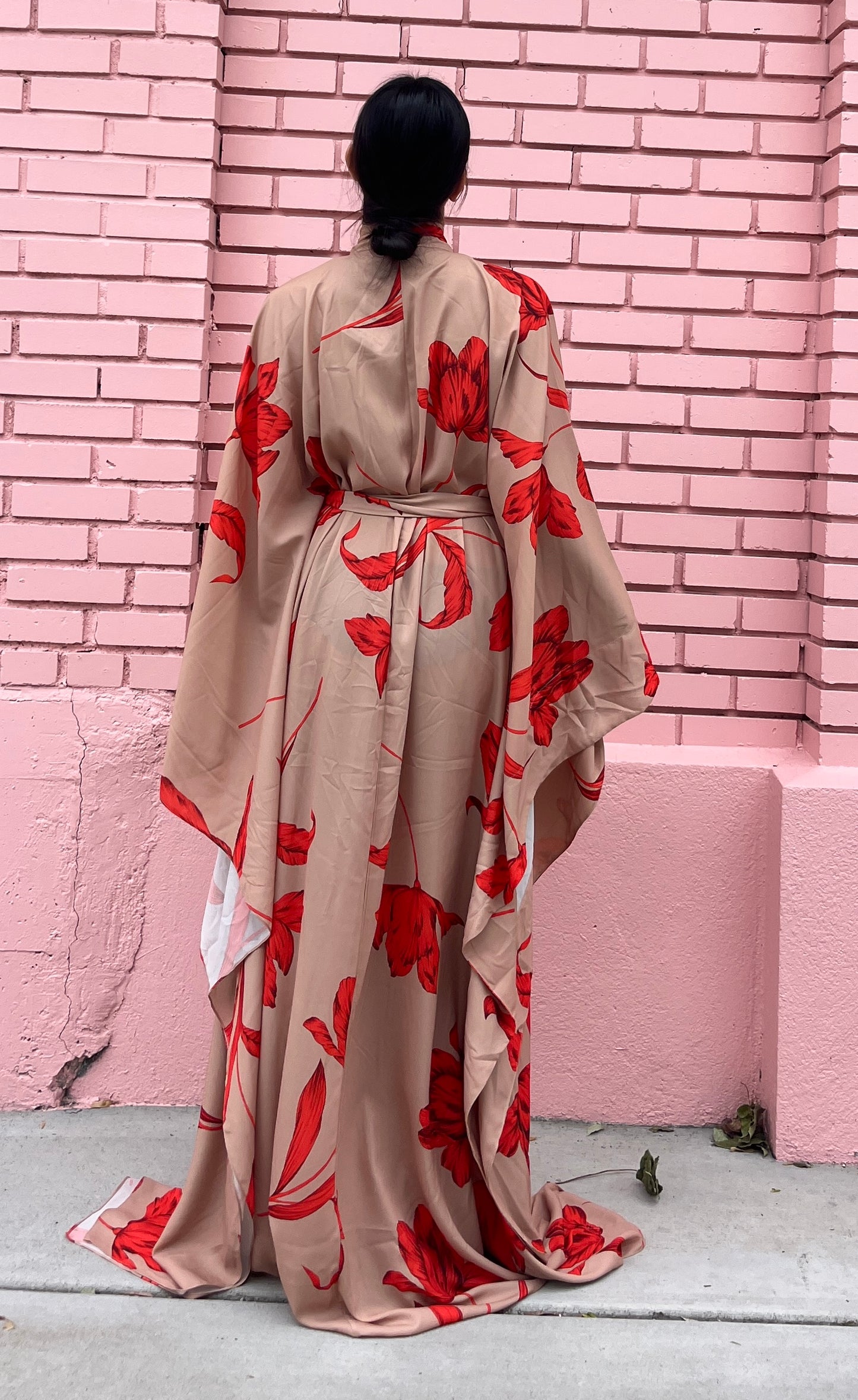 Halston Red Floral Maxi Dress with Bow