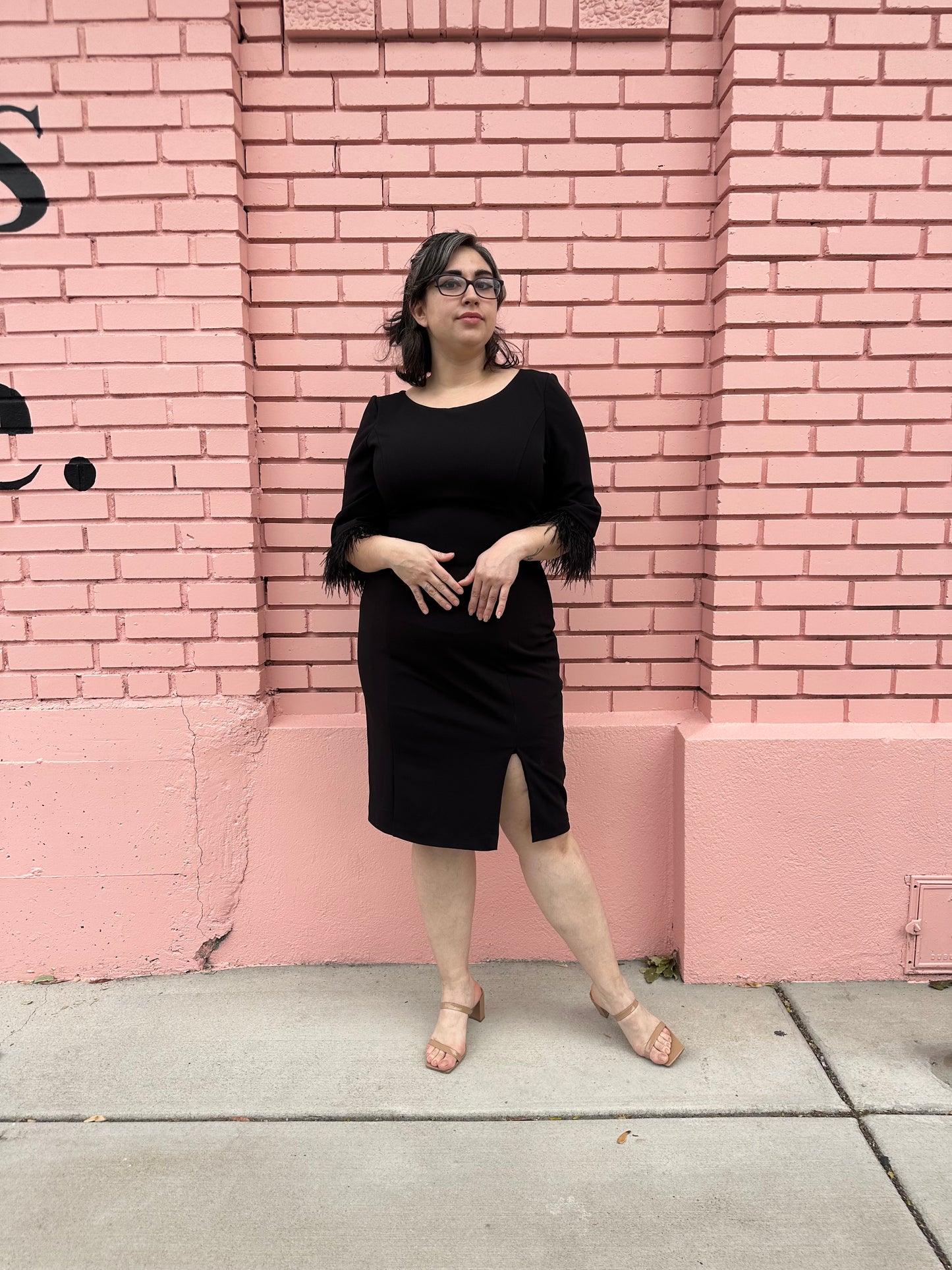 Adrianna Papell Black Feather Midi Dress