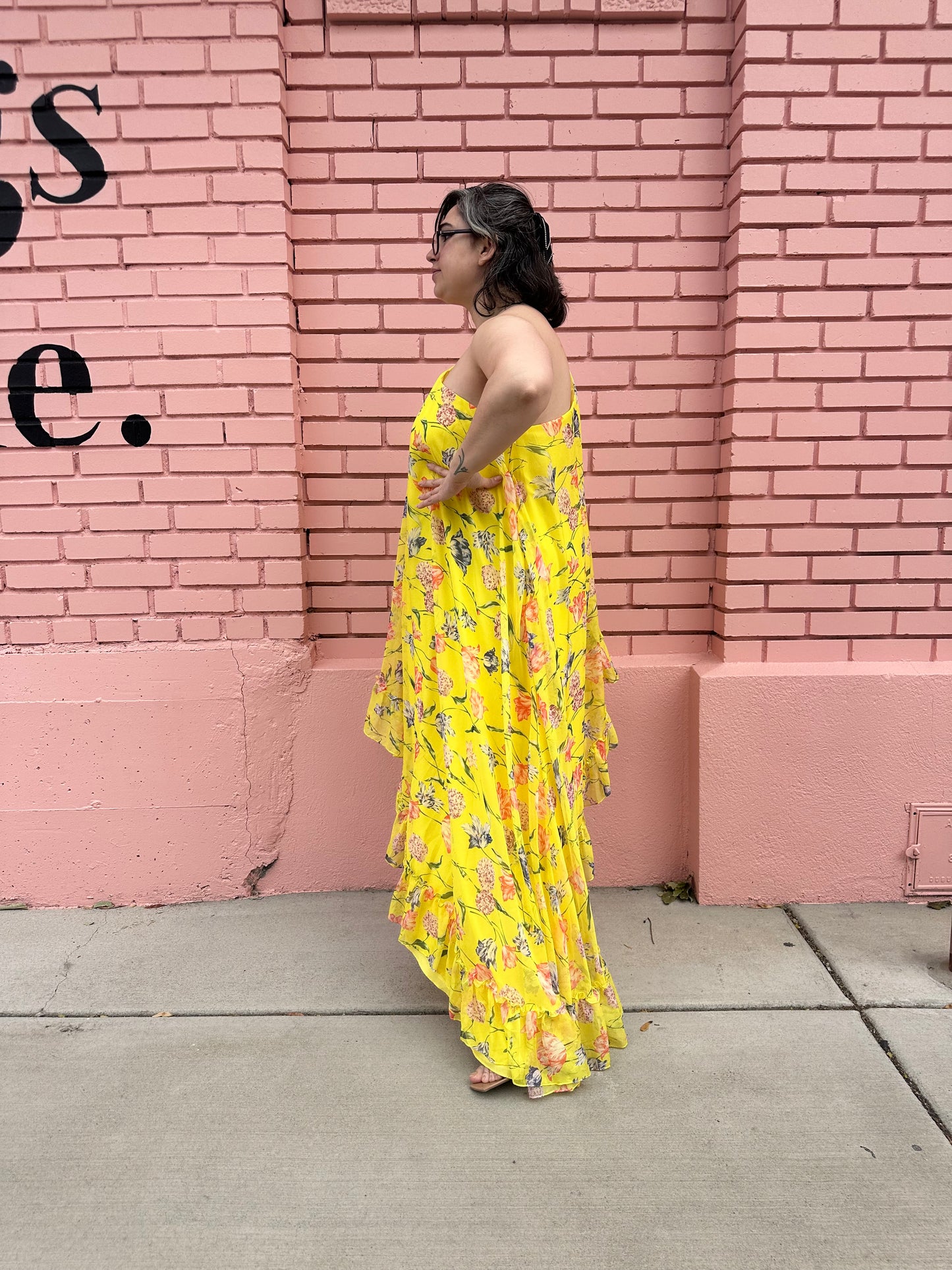 Mac Duggal Yellow Floral Asymmetrical Dress