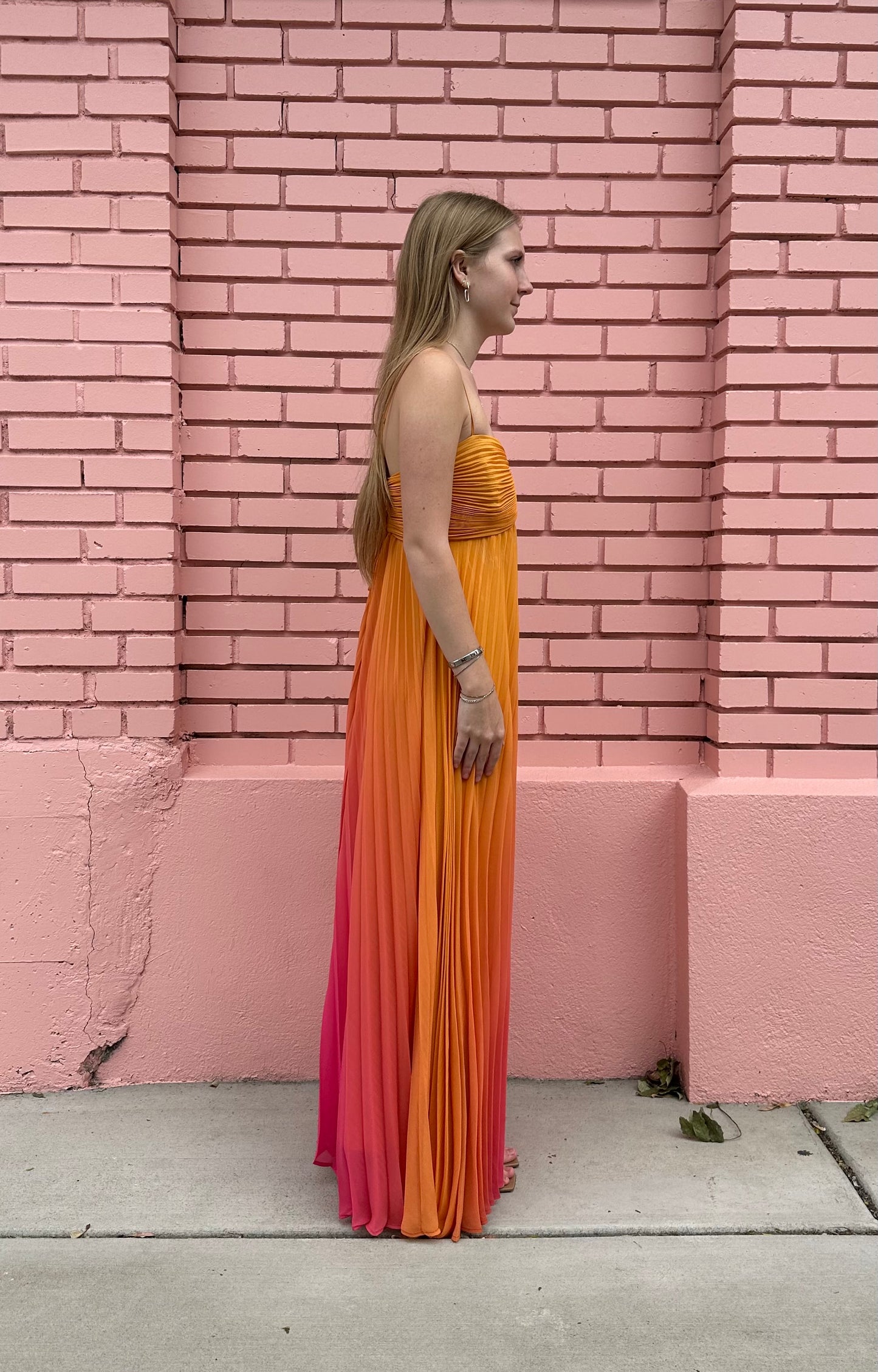 Delfi Collective Orange Ombre Pleated Maxi Dress