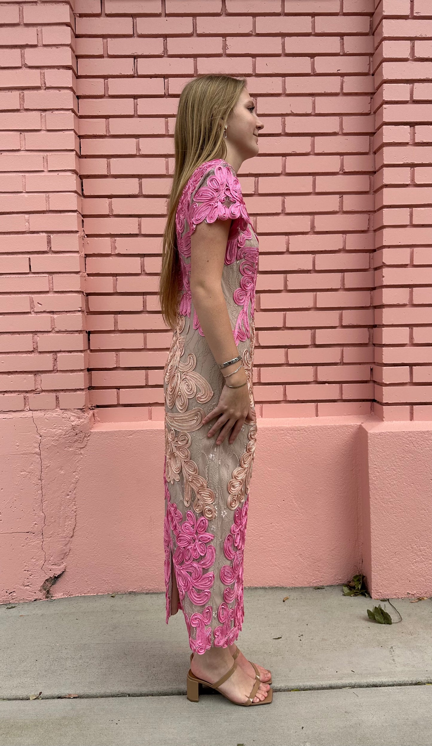 JS Collection Pink and Cream Ribbon Column Dress