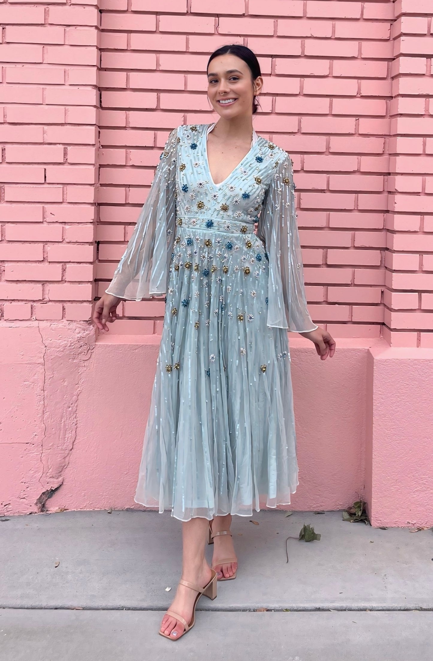 Mac Duggal Light Blue Floral Beaded Sequin Dress