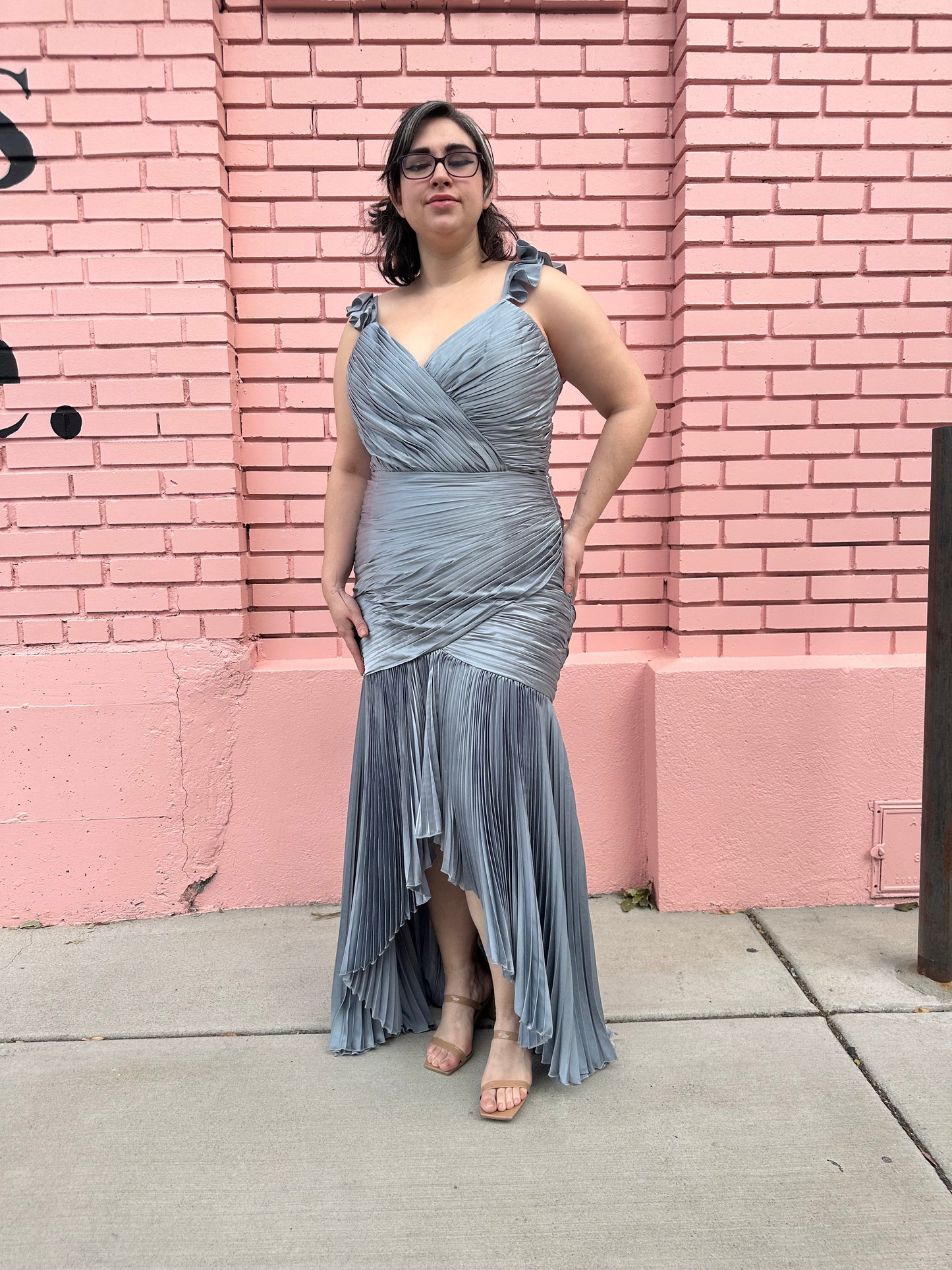 Mac Duggal Silver Blue Ruche Dress