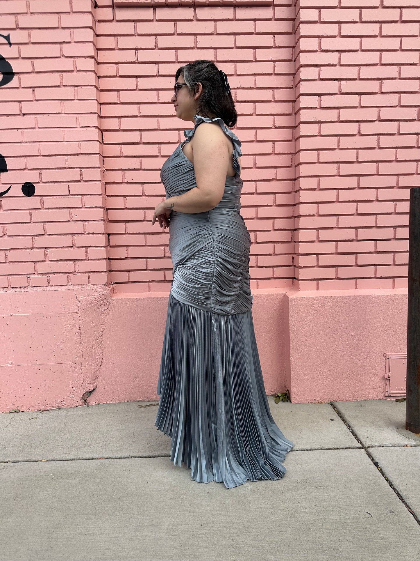 Mac Duggal Silver Blue Ruche Dress