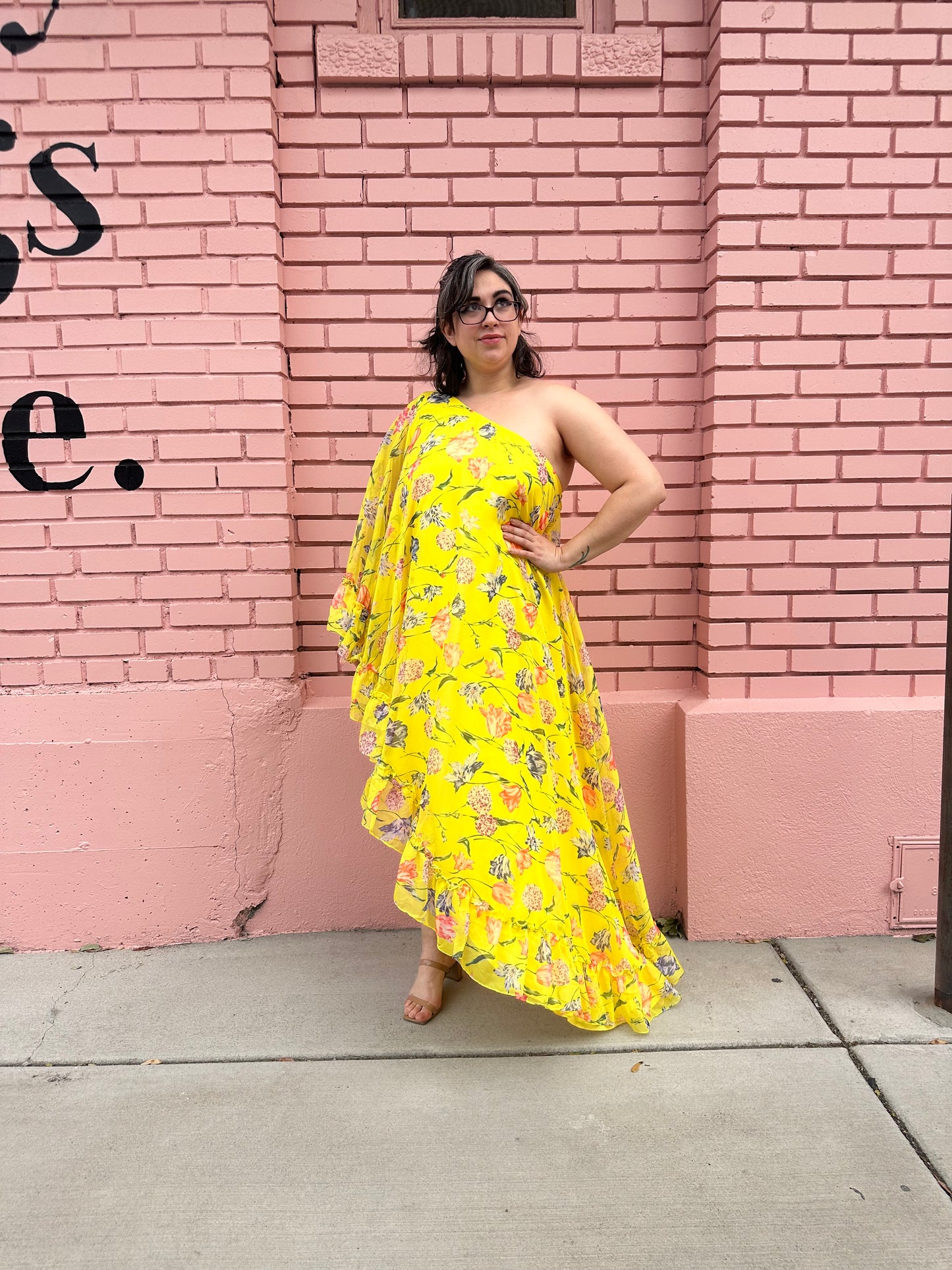 Mac Duggal Yellow Floral Asymmetrical Dress