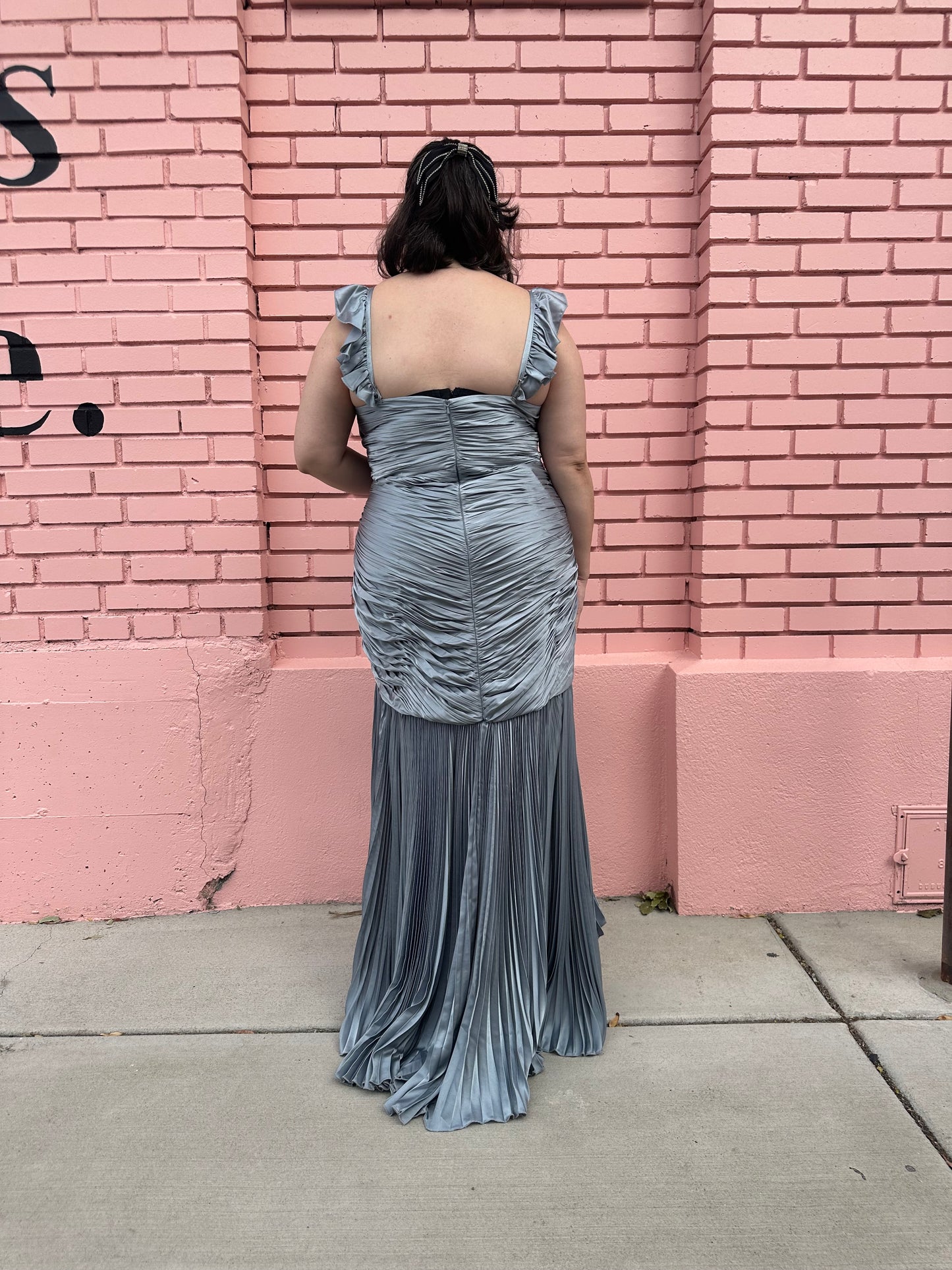 Mac Duggal Silver Blue Ruche Dress