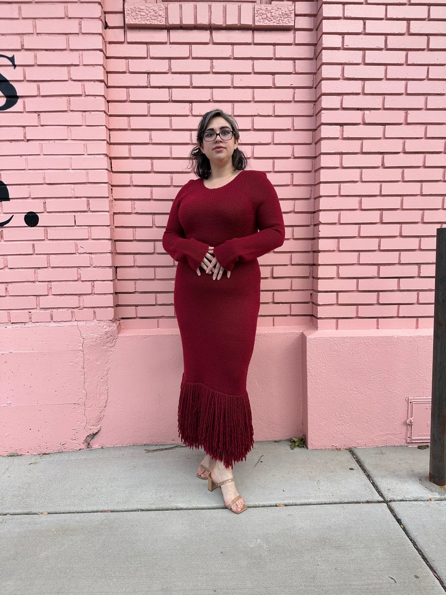 Marina Moscone Red Knit Fringe Dress