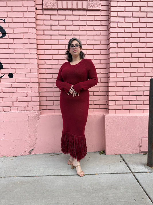 Marina Moscone Red Knit Fringe Dress