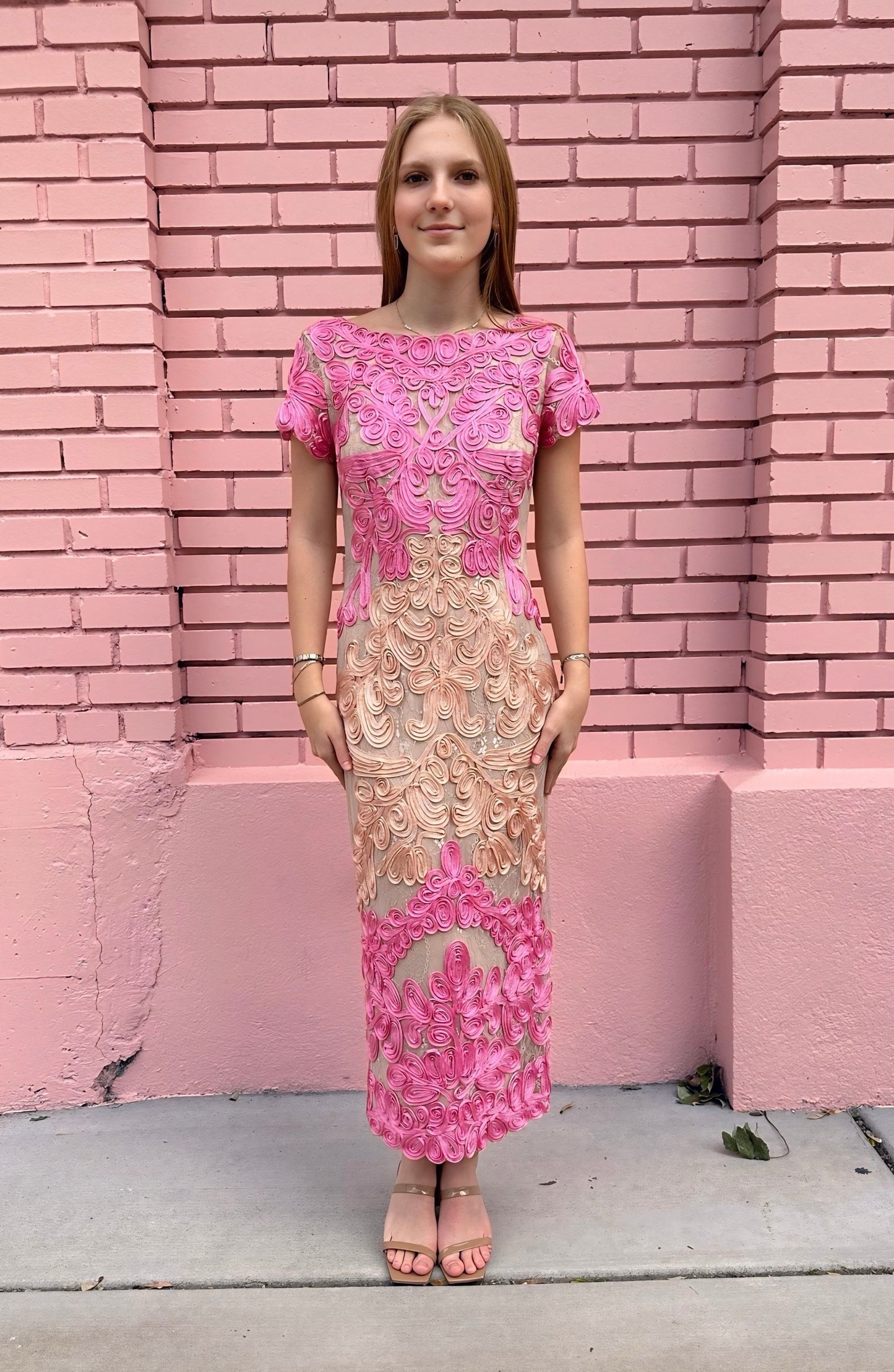 JS Collection Pink and Cream Ribbon Column Dress
