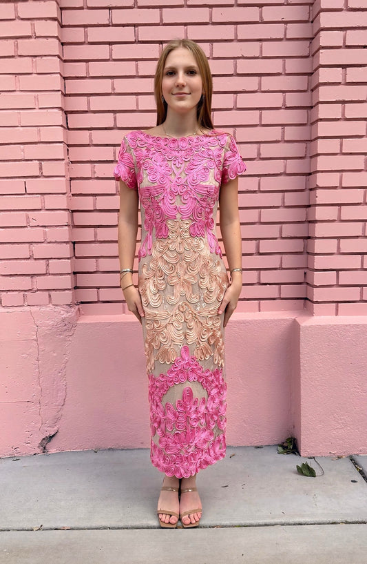 JS Collection Pink and Cream Ribbon Column Dress