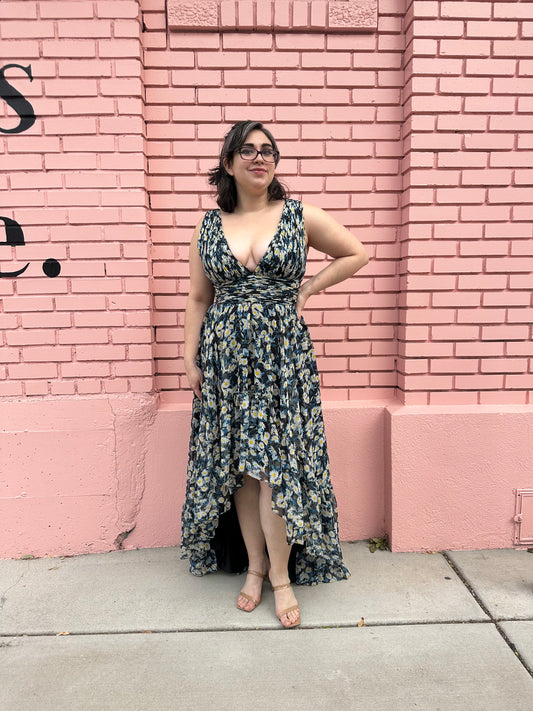 Mac Duggal Blue and Yellow Floral Dress