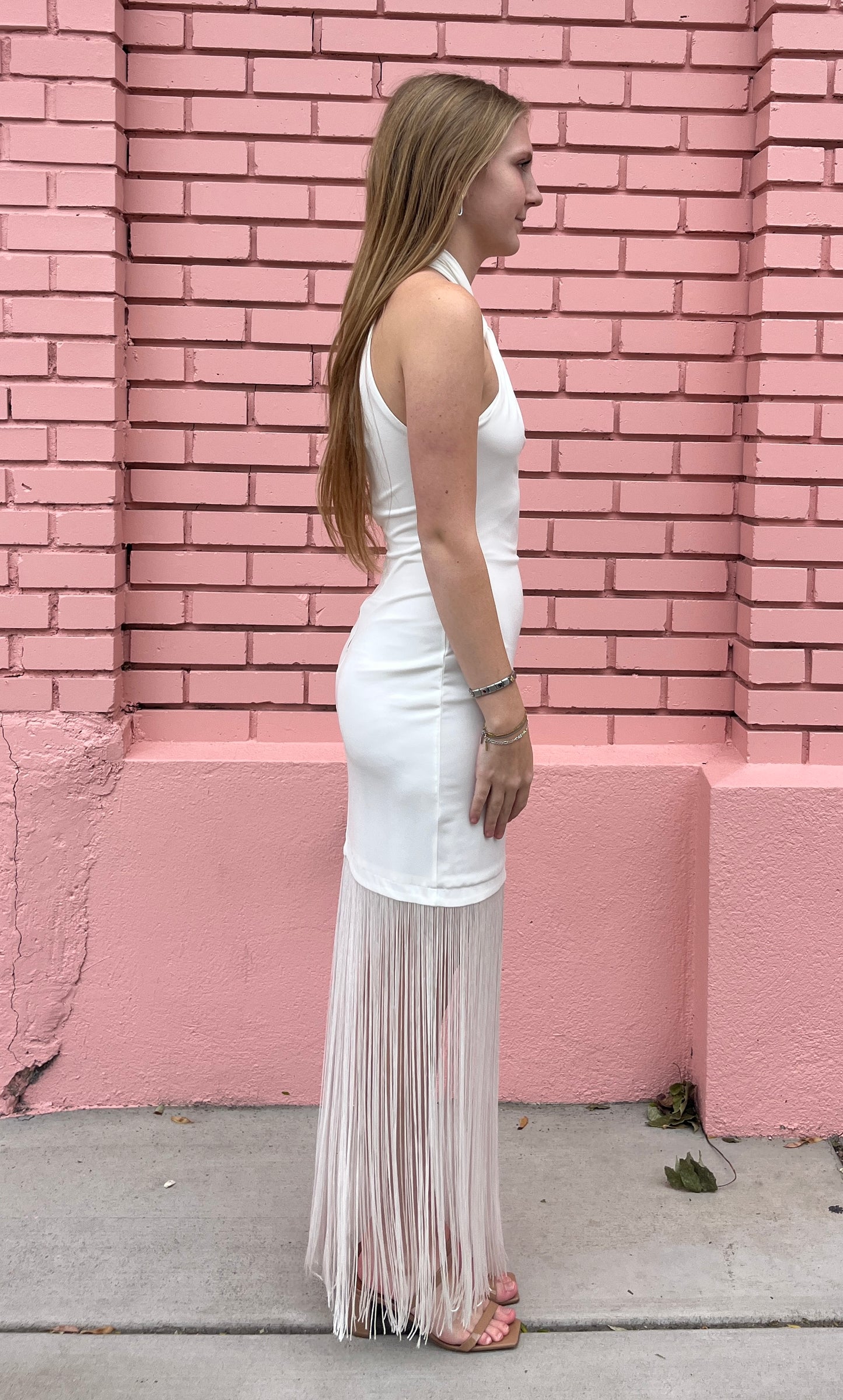 Alice & Olivia White Fringe Halter Dress