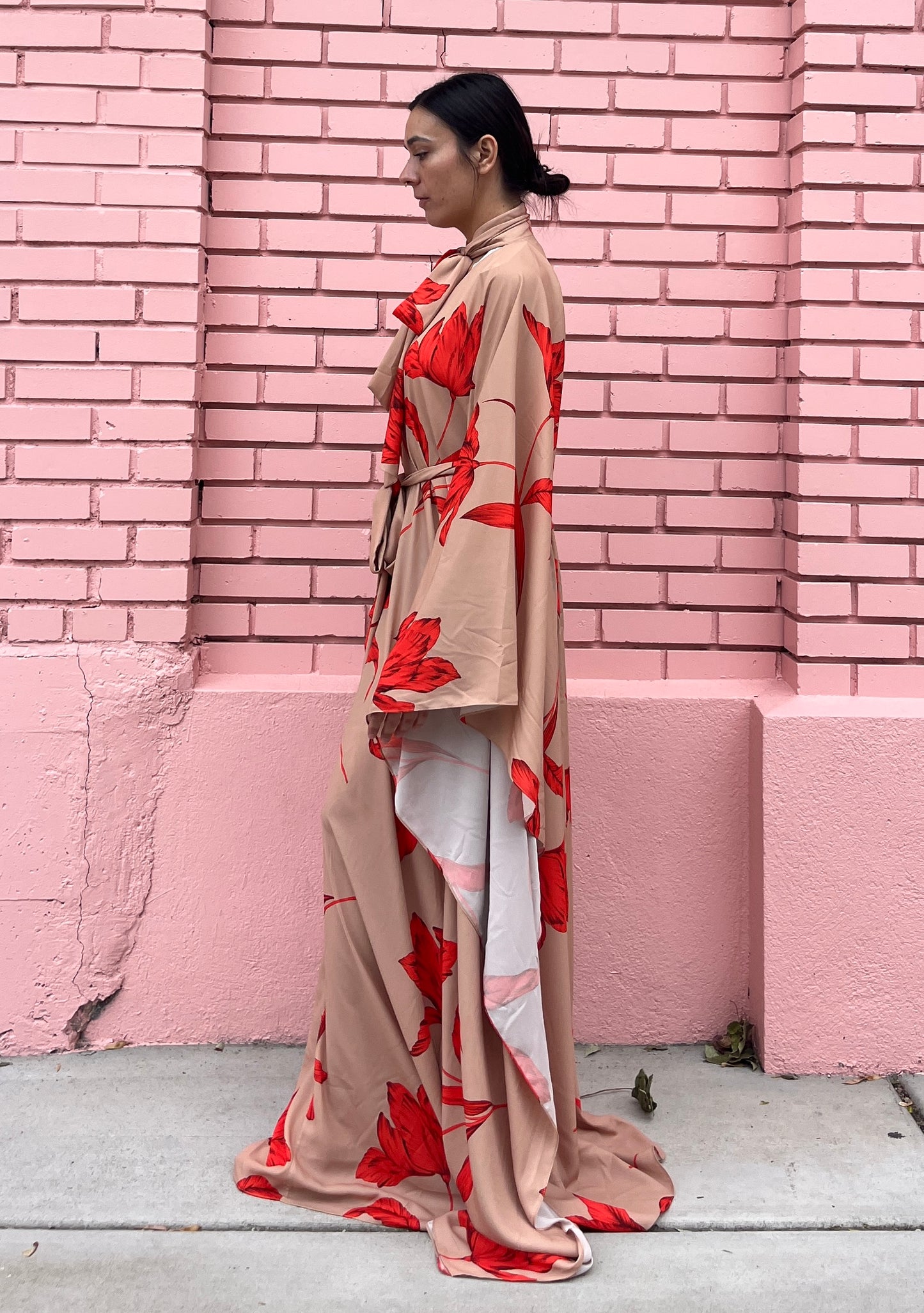 Halston Red Floral Maxi Dress with Bow