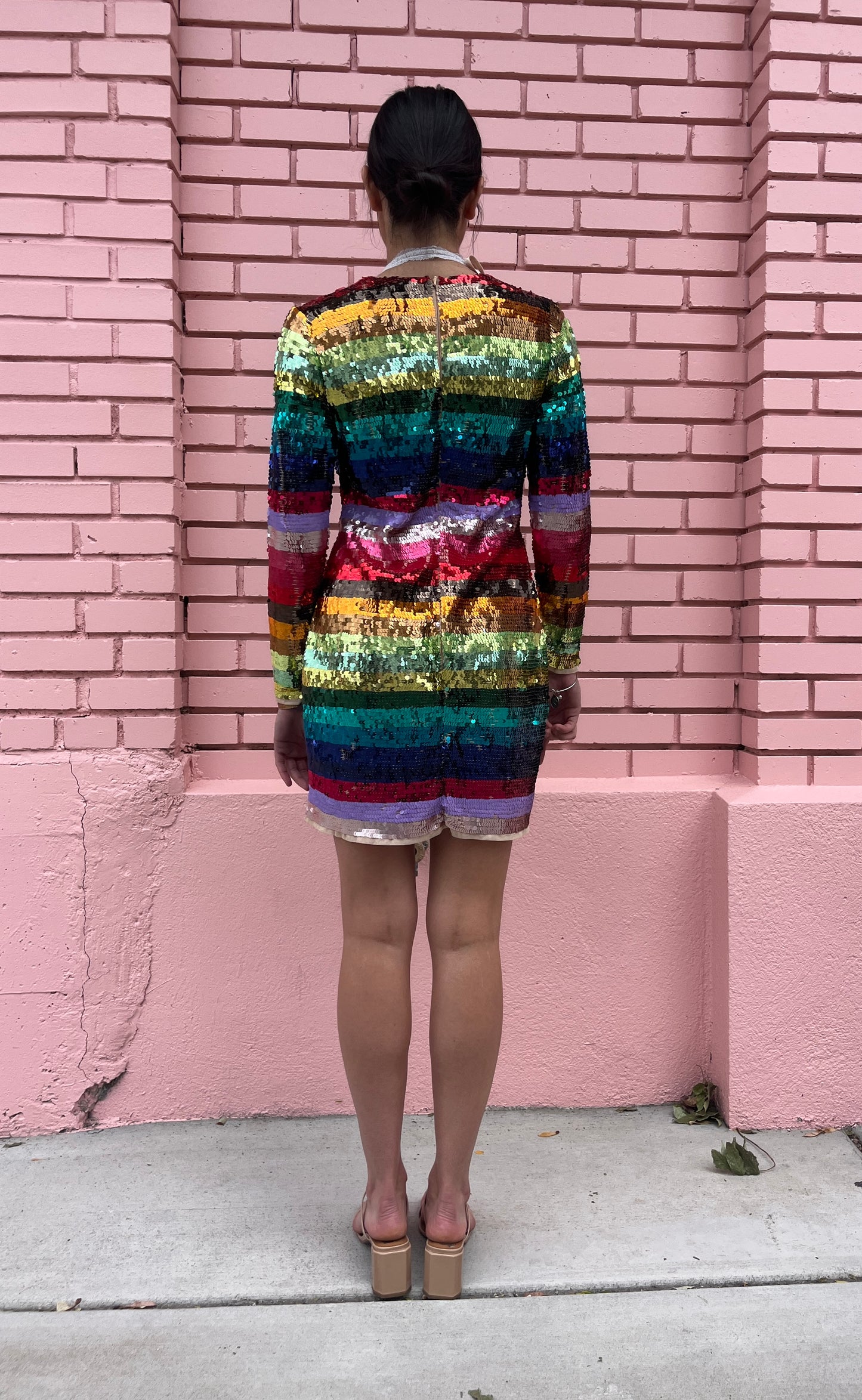 Mac Duggal Rainbow Striped Sequin Mini Dress