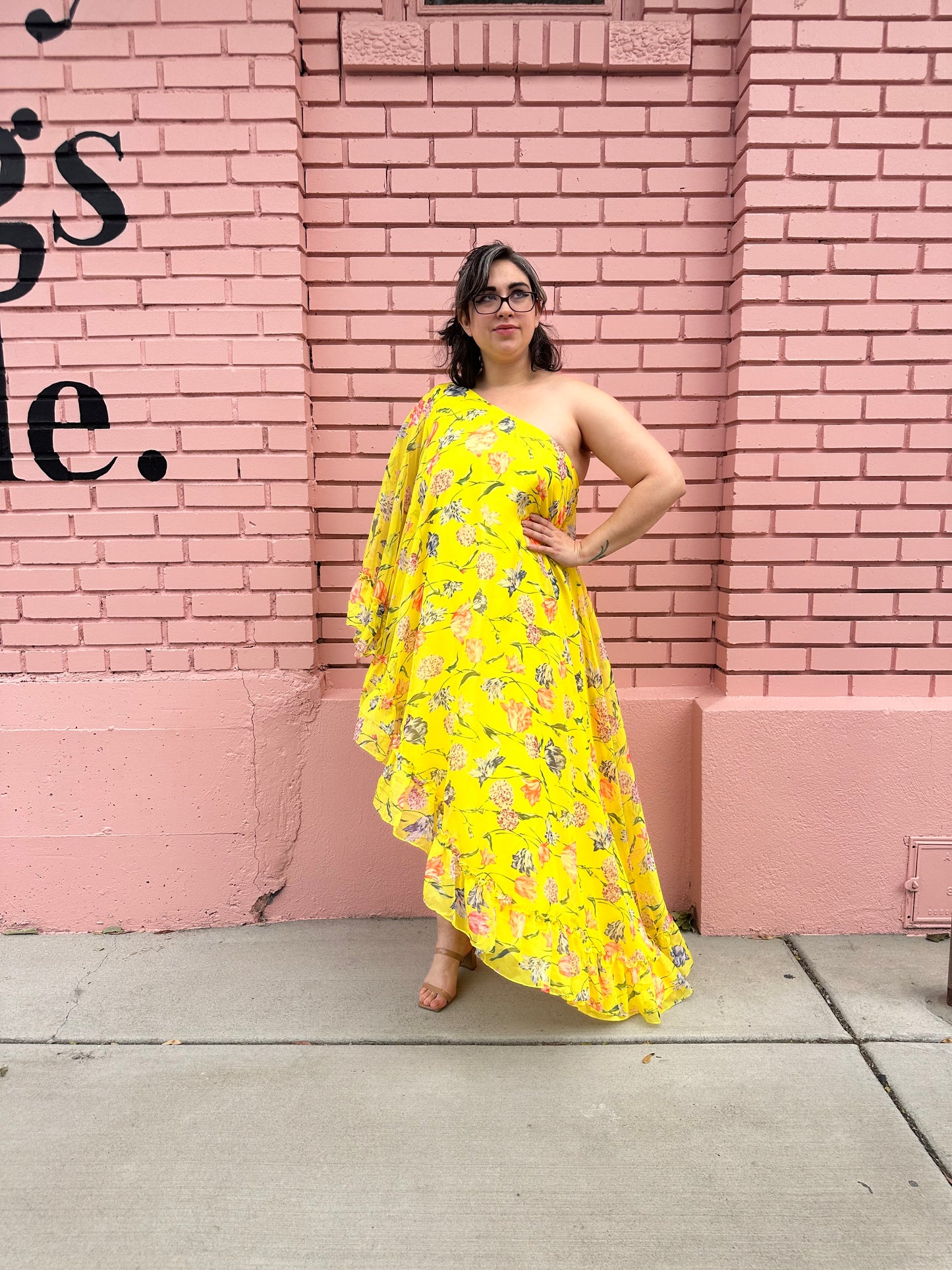 Mac Duggal Yellow Floral Asymmetrical Dress