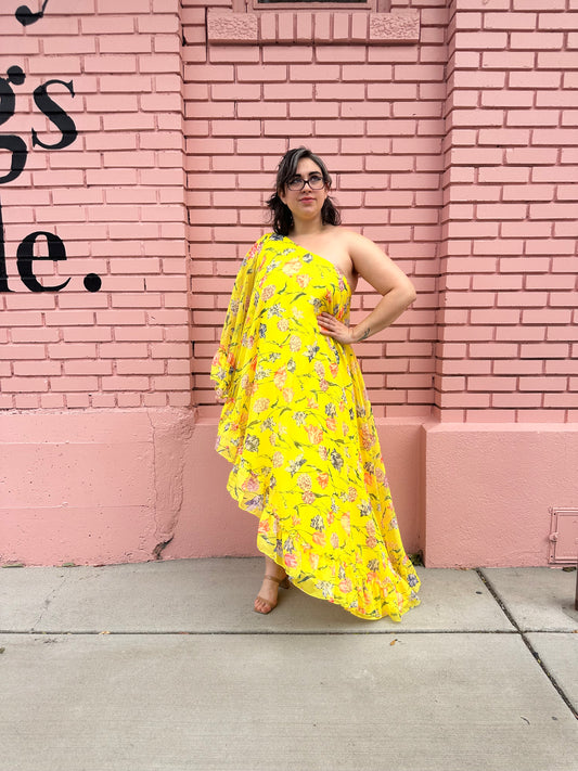 Mac Duggal Yellow Floral Asymmetrical Dress