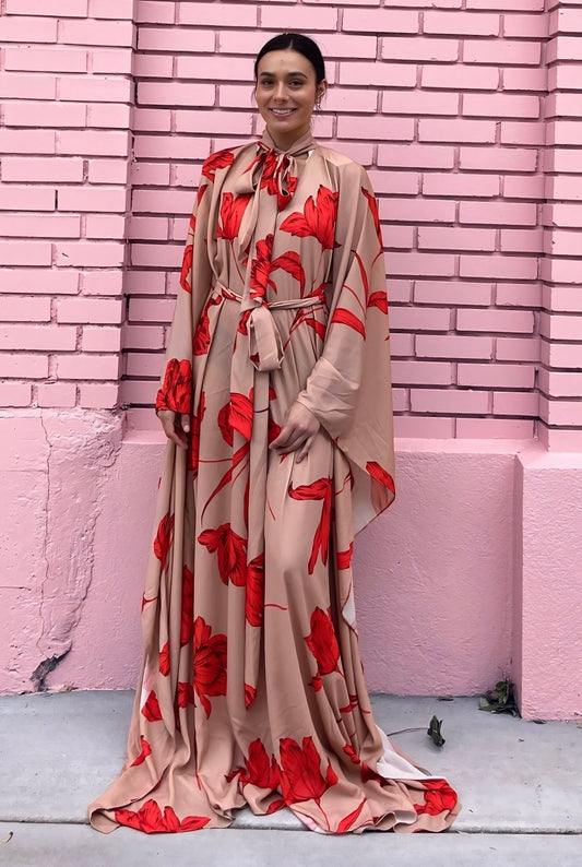 Halston Red Floral Maxi Dress with Bow