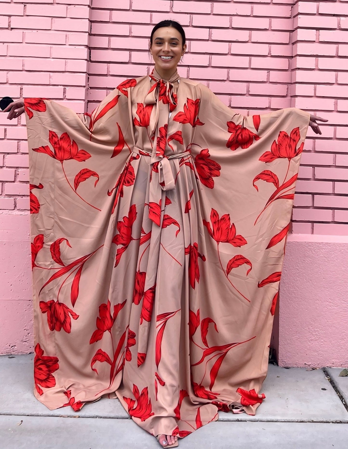 Halston Red Floral Maxi Dress with Bow